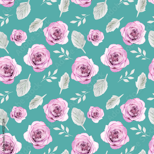 Watercolor seamless pattern with roses on emerald green background
