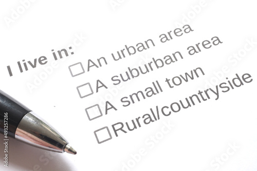 Close up image of a survey question regarding housing location.