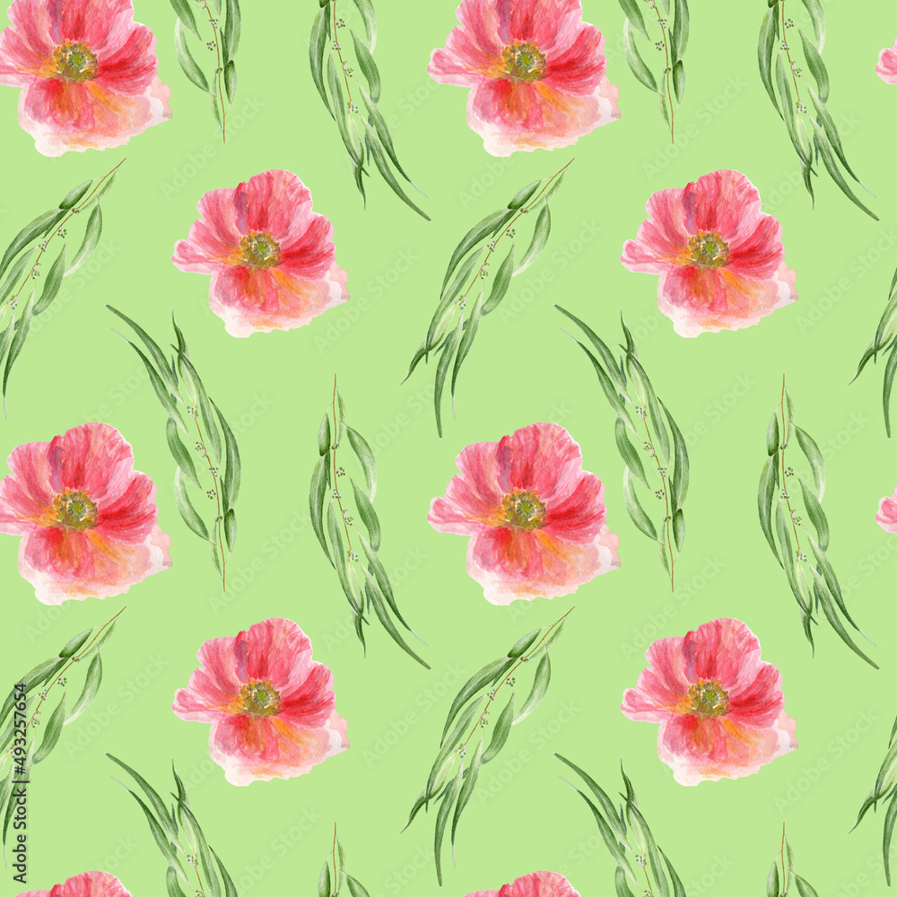 Watercolor seamless pattern with poppy and eucalyptus on green background Watercolor seamless pattern with poppy and eucalyptus on green background