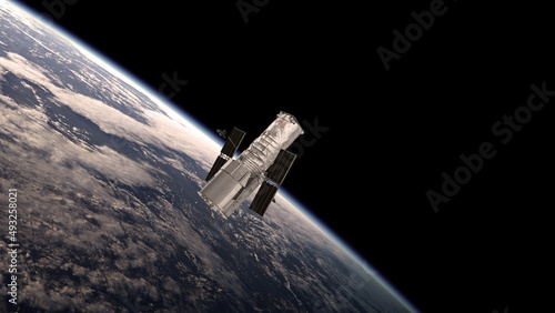 illustration of the Hubble Space Telescope, HST, in front of the planet earth for web articles,posters etc. (ID: 493258021)