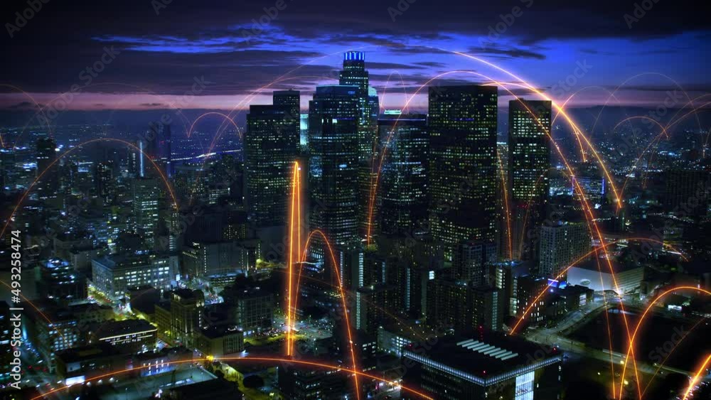 Arch Network Over Aerial View of Connected City. Smart And Futuristic Metropolis at Dusk. Amber Holographic Lines Connecting Los Angeles. Shot In 8K.