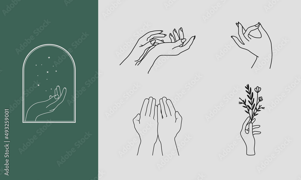 Fototapeta premium A set of Woman's hand icon collections in a minimal linear style. Vector logo design templates with different hand gestures, Crystal. For cosmetics, beauty, tattoo, Spa, feminine, jewelry store