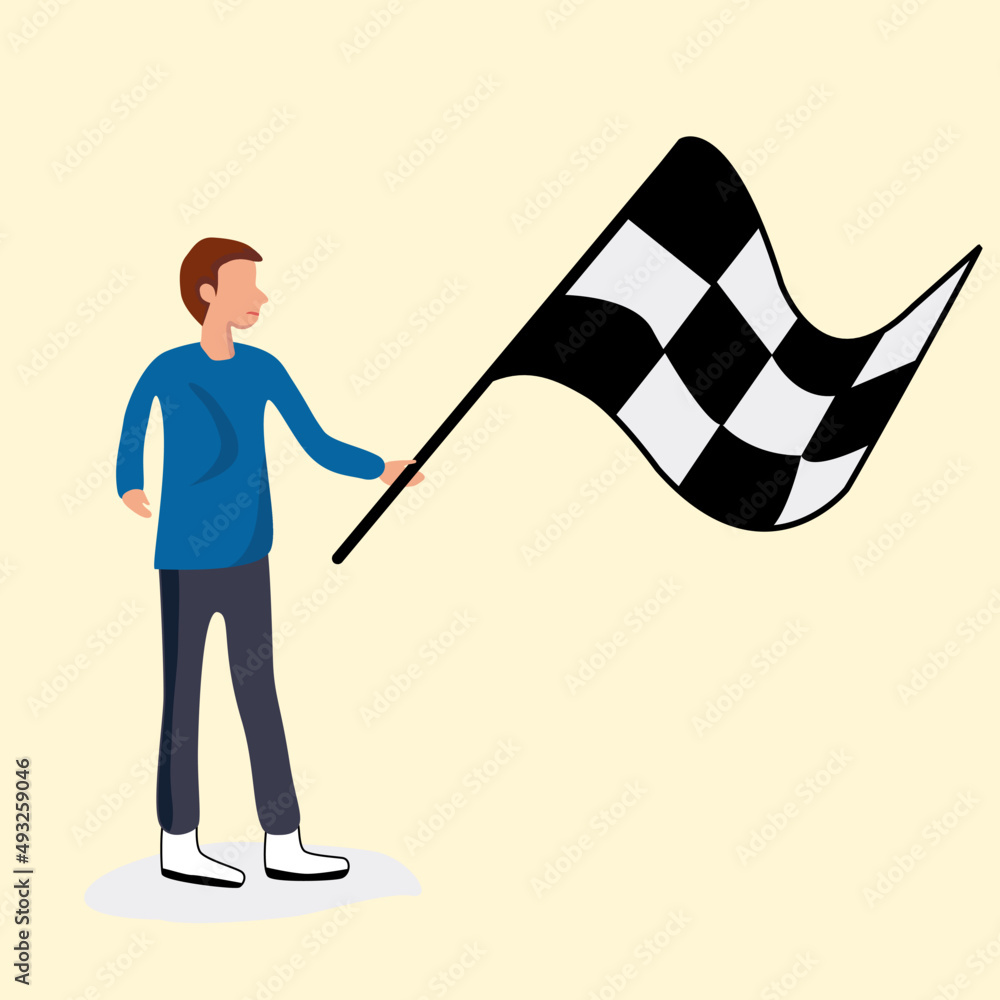 A Young man holding a checkered flag. 
 vector illustration