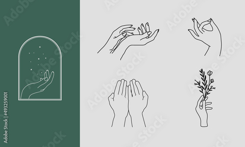 A set of Woman's hand icon collections in a minimal linear style. Vector logo design templates with different hand gestures, Crystal. For cosmetics, beauty, tattoo, Spa, feminine, jewelry store