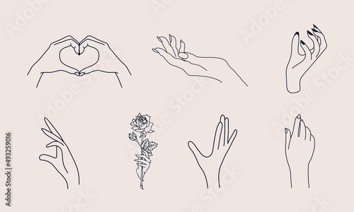 A set of Woman's hand icon collections in a minimal linear style. Vector logo design templates with different hand gestures, Crystal. For cosmetics, beauty, tattoo, Spa, feminine, jewelry store