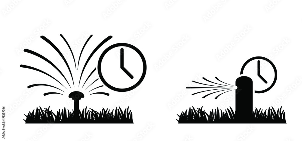 Timer. Grass lawn with garden sprinkler. Cartoon gras icon or pictogram. Irrigation system for drip watering lawn, field, or grass. Sprinkler irrigation symbol or logo. Sprinkling with water. Summer - obrazy, fototapety, plakaty 