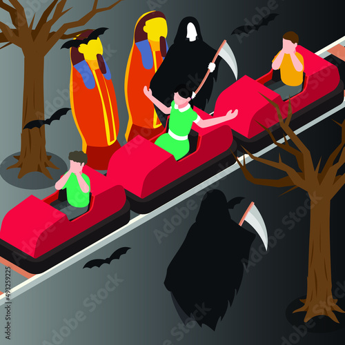 Kids having fun in a haunted house isometric 3d vector concept for banner, website, illustration, landing page, flyer, etc.