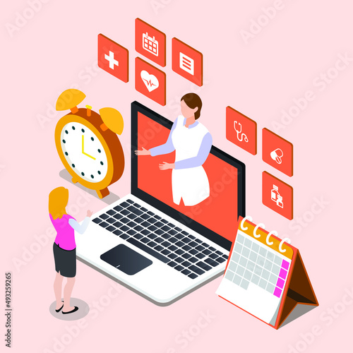 Doctor in a laptop computer giving a consultation online isometric 3d vector concept for banner, website, illustration, landing page, flyer, etc.