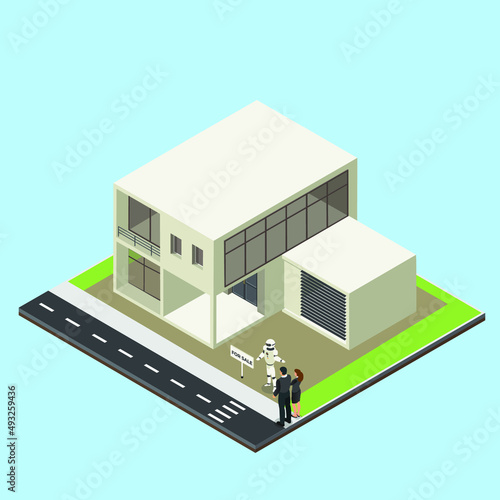 Robot replacing human selling a house to customers isometric 3d vector concept for banner, website, illustration, landing page, flyer, etc.
