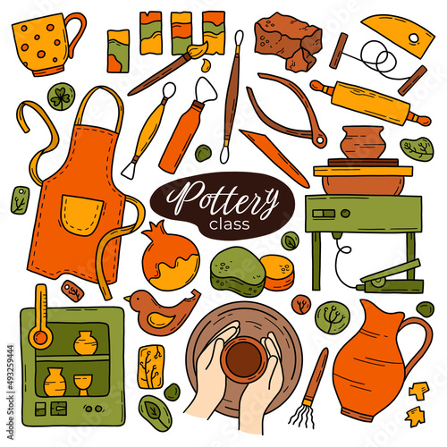 Pottery class and ceramics workshop vector set of doodle cartoon icons. Wheel, clay, pots, string, apron and handmade tools. Orange elements