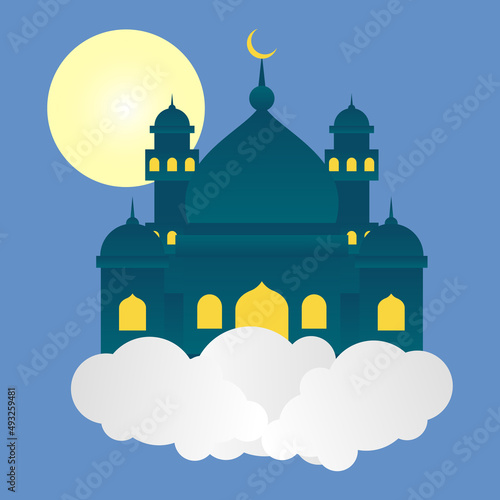 Flat illustration of Mosque in cloud with blue background. © Pasek Renti