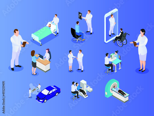 Medical doctor and nurse patients treatments and examination icon set isometric 3d vector concept for banner, website, illustration, landing page, flyer, etc.