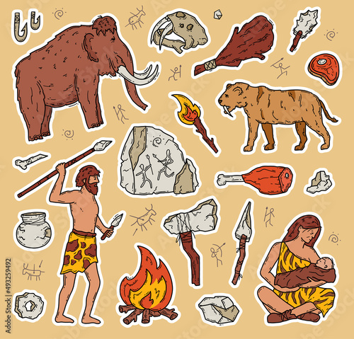 Cavemen and Neanderthals in the Stone Age, vector doodle stickers set. Ancient primitive people hunt mammoths and tigers. Tools and rock paintings. Paleontology and anthropology brown cartoon icons.