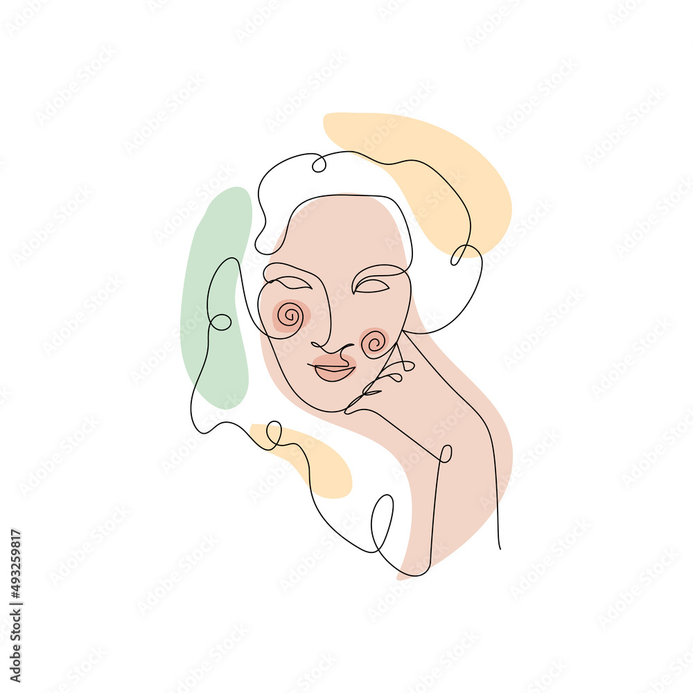 Female face single line drawing and pastel abstract shapes composition. Portrait of young beautiful girl line art. Female face single line drawing and pastel abstract shapes composition. Portrait of young beautiful girl line art.