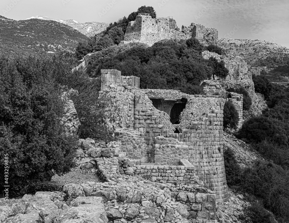B&W view of the Southern Wall of Nimrod fortress with the Keep and the Beautiful Tower, located in Northern Golan, at the southern slope of Mount Hermon, the biggest Crusader-era castle in Israel