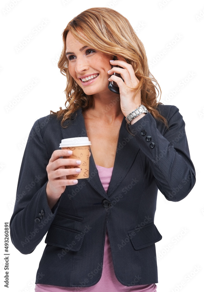 Coffee and a chat on the go. Studio shot of a young woman talking on her cellphone while holding a takeaway coffee. Coffee and a chat on the go. Studio shot of a young woman talking on her cellphone while holding a takeaway coffee.