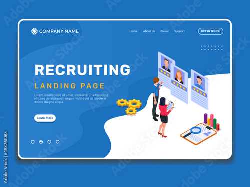 Recruiting landing page website template with isometric people check the candidate information data
