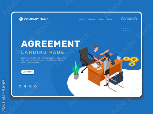 Agreement landing page illustration template with isometric business people agree to the contract
