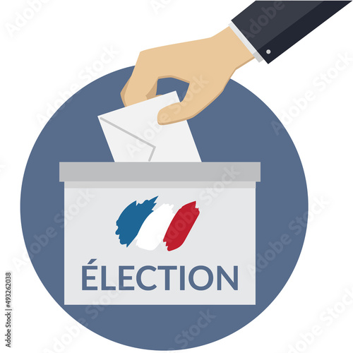 main qui met un bulletin de vote dans une urne pour l'élection du président de la république française. Illustration ou icône vectorielle isolée sur fond blanc