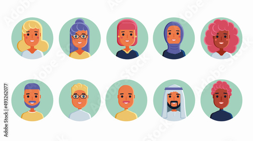  Set of flat avatars of women and men of different nationalities and races. Vector round icons with people. Hand drawn vector avatar icons. 10 trending actual avatars.