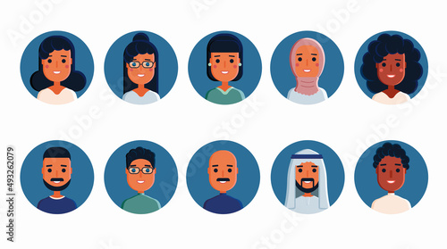 Set of flat avatars of women and men of different nationalities and races. Vector round icons with people. Hand drawn vector avatar icons. 10 trending actual avatars.