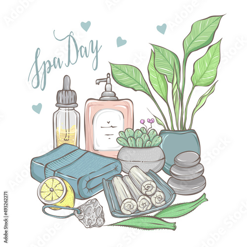 Vector fashion illustration. Spa day. Set of different face and body care items. lotion, oil, towel, pumice stone, massage stones, lemon, aloe. Handmade, print on t-shirt