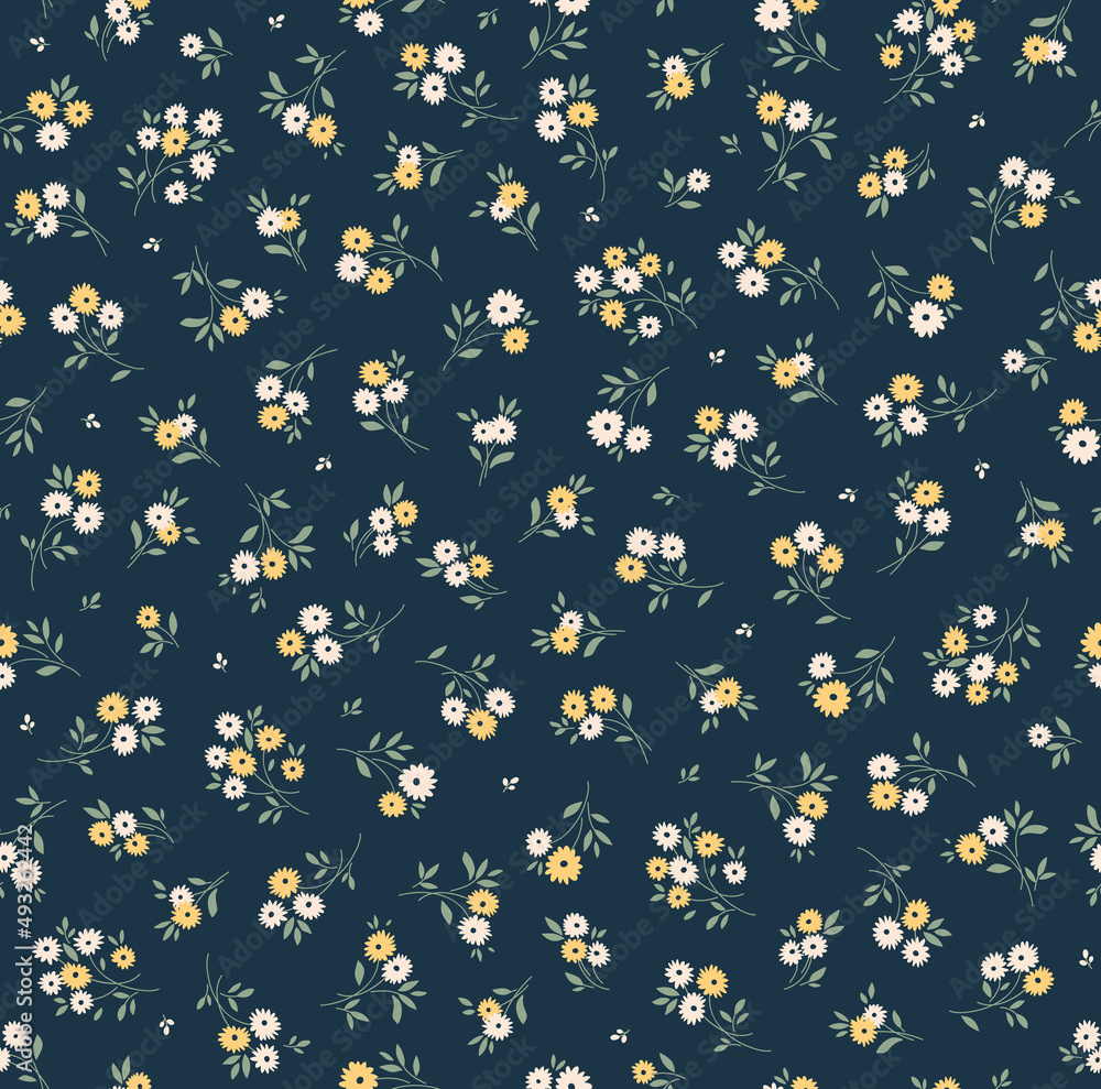 Cute seamless vector floral pattern. Endless print made of small yellow and white flowers. Summer and spring motifs. Dark blue background. Stock vector illustration.