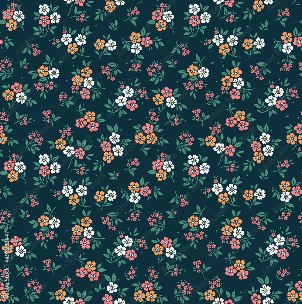 Cute floral pattern in the small flower. Seamless vector texture. Elegant template for fashion prints. Printing with small white, yellow and pink flowers. Navy blue background. Stock print. Cute floral pattern in the small flower. Seamless vector texture. Elegant template for fashion prints. Printing with small white, yellow and pink flowers. Navy blue background. Stock print.