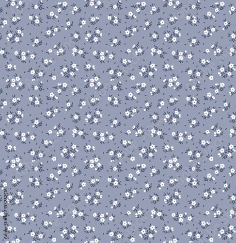 Cute floral pattern in the small flower. Seamless vector texture. Elegant template for fashion prints. Printing with small white flowers. Pale Gray blue background. Stock print.