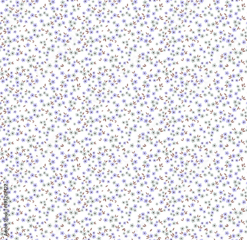 Floral pattern. Pretty flowers on white background. Printing with small lilac flowers. Ditsy print. Seamless vector texture. Spring bouquet. Stock vector.