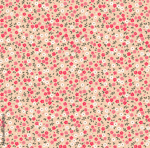 Trendy seamless vector floral pattern. Endless print made of small white and pink flowers. Summer and spring motifs. Rose coral background. Stock vector illustration.