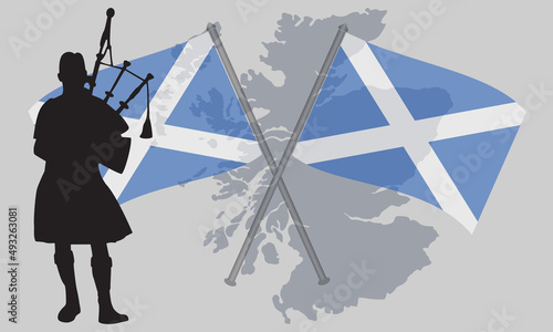 Background copy space National Tartan Day of bagpiper with Scottish Flag and map.
