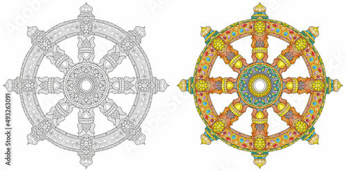 Dharma Wheel or dharmachakra, theach and walk to the path of Nirvana. Color and outline set
