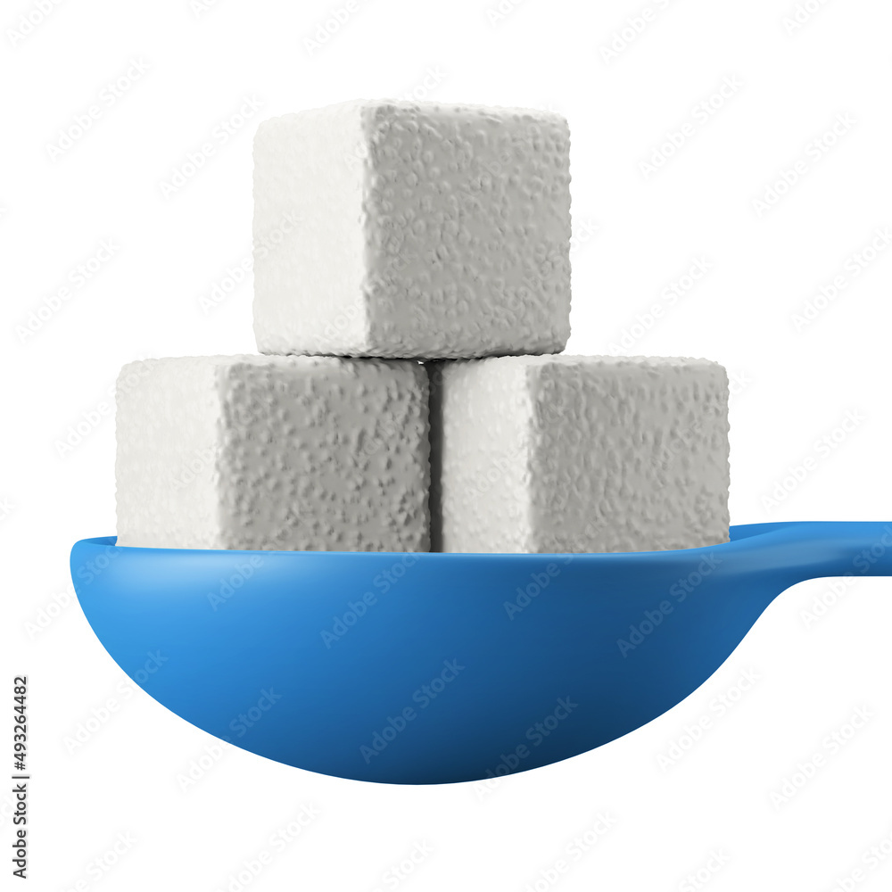 Obraz premium unhealthy stacked glucose sugar cubes on spoon 3d rendering icon illustration diet and food theme
