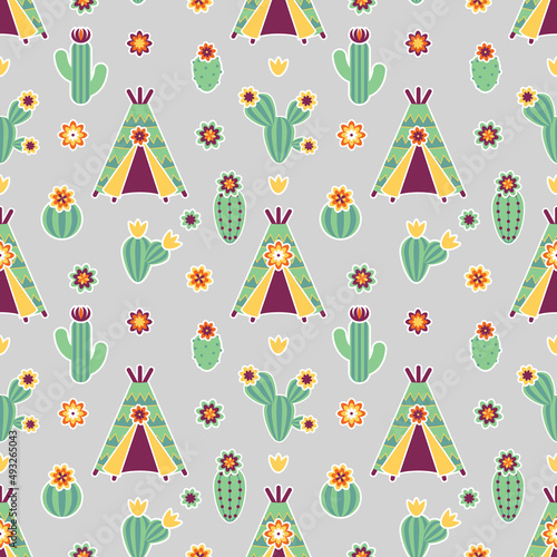 Seamless pattern in bohemian ethnic style with cacti, wigwam and flowers. Vector ornament in American Indian style.