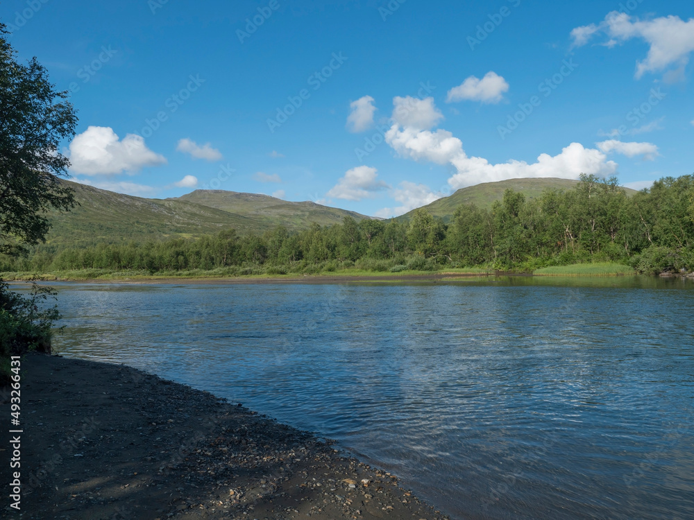 sandy shore of turquoise blue water of wild Tarra river. Tarrajakka with grassy green hills and birch tree forest along Padjelantaleden hiking trail. Summer sunny day, blue sky Lapland, Sweden