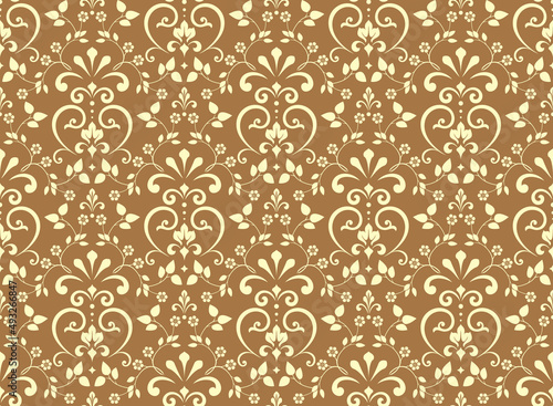 Wallpaper in the style of Baroque. Seamless vector background. Gold and yellow floral ornament. Graphic pattern for fabric, wallpaper, packaging. Ornate Damask flower ornament
