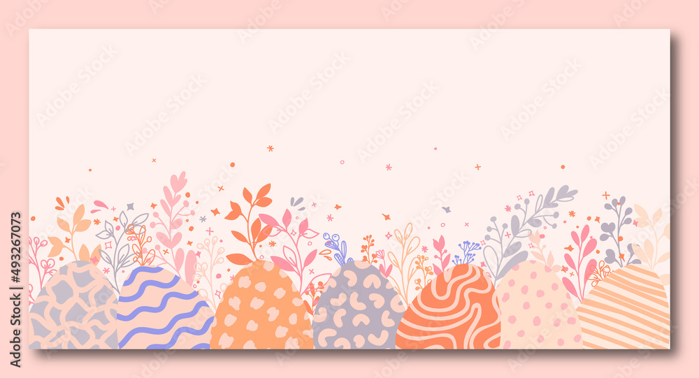 Easter background designwith decorated eggs and leaves. Universal modern line art background. Wallpaper, backdrop decor, header or banner. Easter background designwith decorated eggs and leaves. Universal modern line art background. Wallpaper, backdrop decor, header or banner.