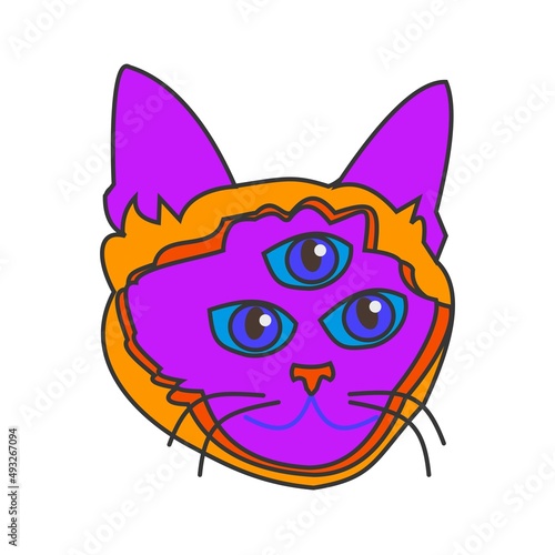 Three eyes cat Psychedelic element Flat vector illustration on white background