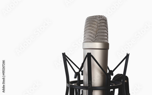 High Quality Professional Studio Condenser Microphone on White Isolated Background with Space for Text, Electronic Recording Equipment