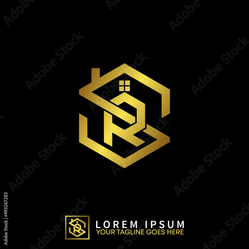 letter or word SR with roof house in hexagon line image graphic icon logo design abstract concept vector stock. Can be used as a symbol related to initial or property
