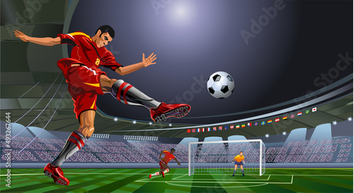 soccer or football player is kicking ball on stadium