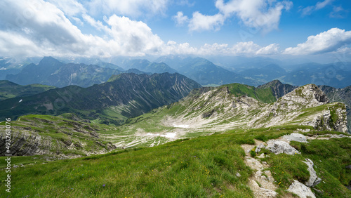 Panoramic view from Nebelhorn in Oberstdorf Allgäu Bavaria Germany - Beautiful Alps with lush green meadow and blue sky - Mountains landscape background banner panorama