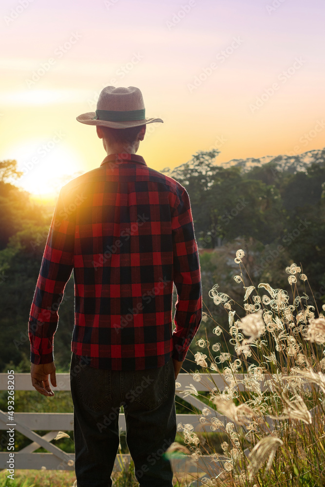 Male young black farmer working in front of the farmers gate. African Ayoung man in hat at farm with sunset. Male young black farmer working in front of the farmers gate. African Ayoung man in hat at farm with sunset.