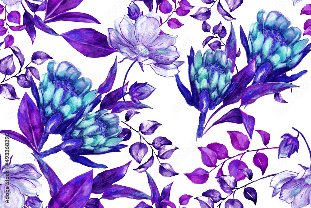 Watercolor hand-drawn floral seamless pattern.