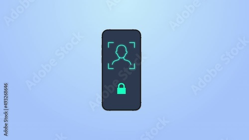 Animated motion graphic padlock icon from lock to unlock and an account symbol. Animation of face scan to identify and verify identity to access and sign in to smartphone security system. 4K 60fps.