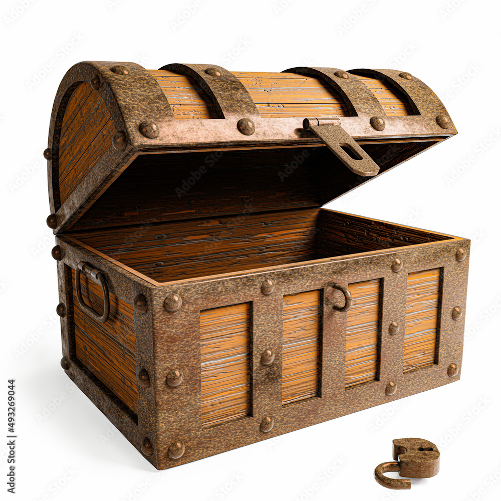 Old and broken vintage pirate treasure chest. Rotten and broken. For