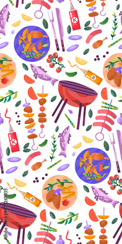 Seamless pattern with BBQ items, grilled food.  Grill party. Vector illustration.