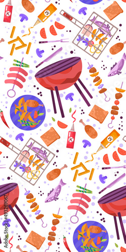Summer fun, BBQ party. Seamless pattern with grill stuff. BBQ items. Vector illustration. 