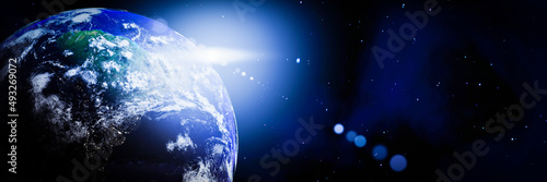 Fototapeta Naklejka Na Ścianę i Meble -  planet earth images view from space with sun rays from the edge of the world. Concept images of science and astronomy from outer space and stars in space. 3D rendering.